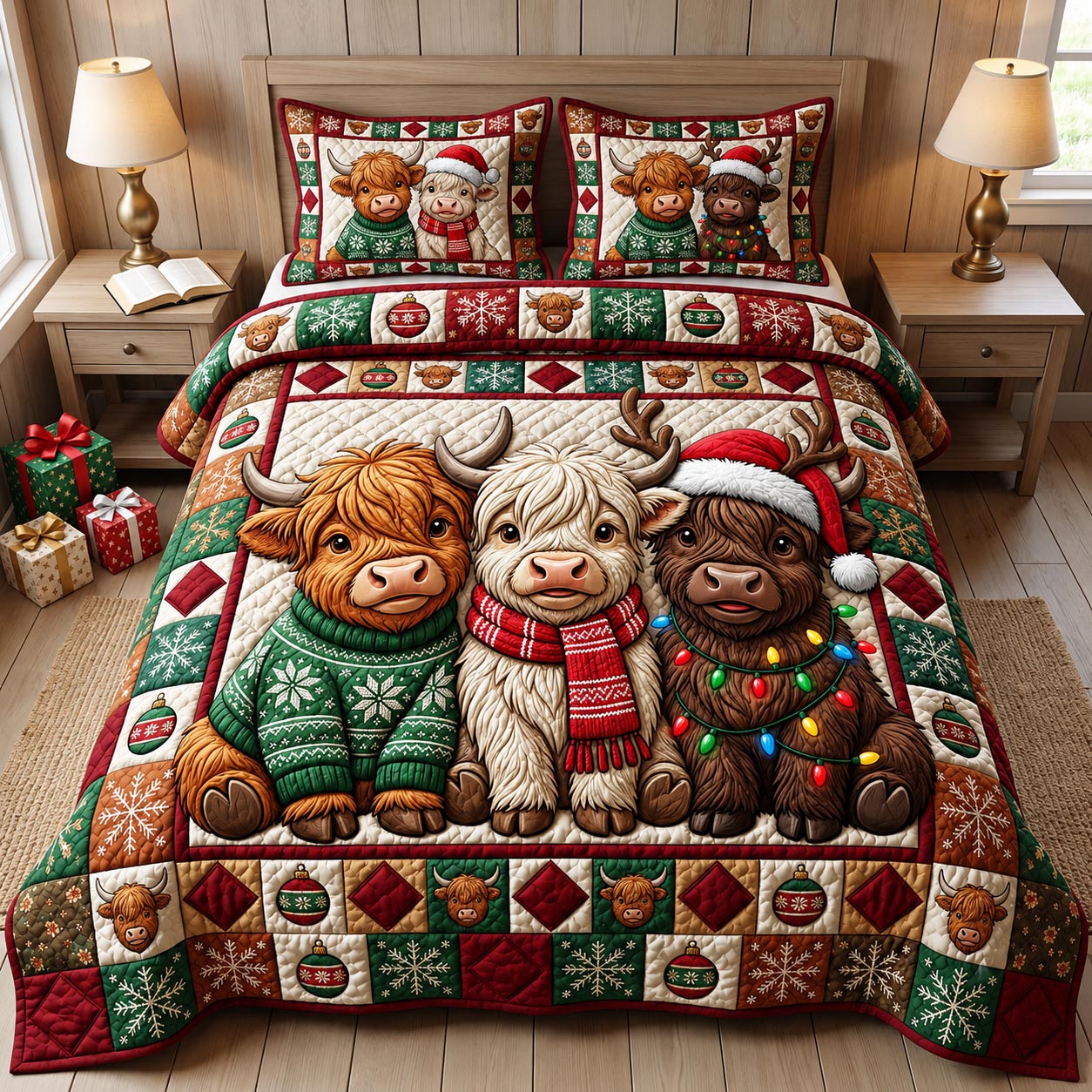 Christmas Highland Cow 3-Piece Quilted Bedding Set GFTONMU2099