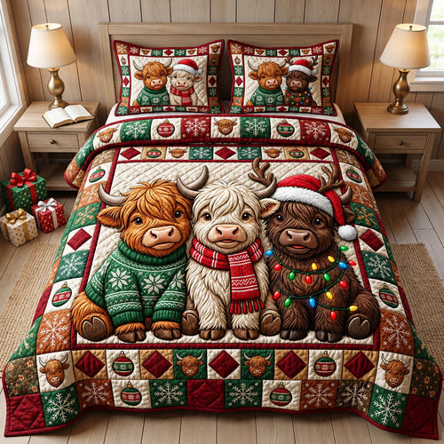 Christmas Highland Cow 3-Piece Quilted Bedding Set GFTONMU2099