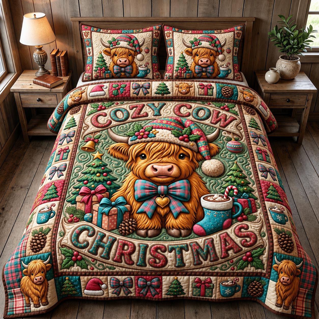 Christmas Highland Cow 3-Piece Quilted Bedding Set GFTONMU2101