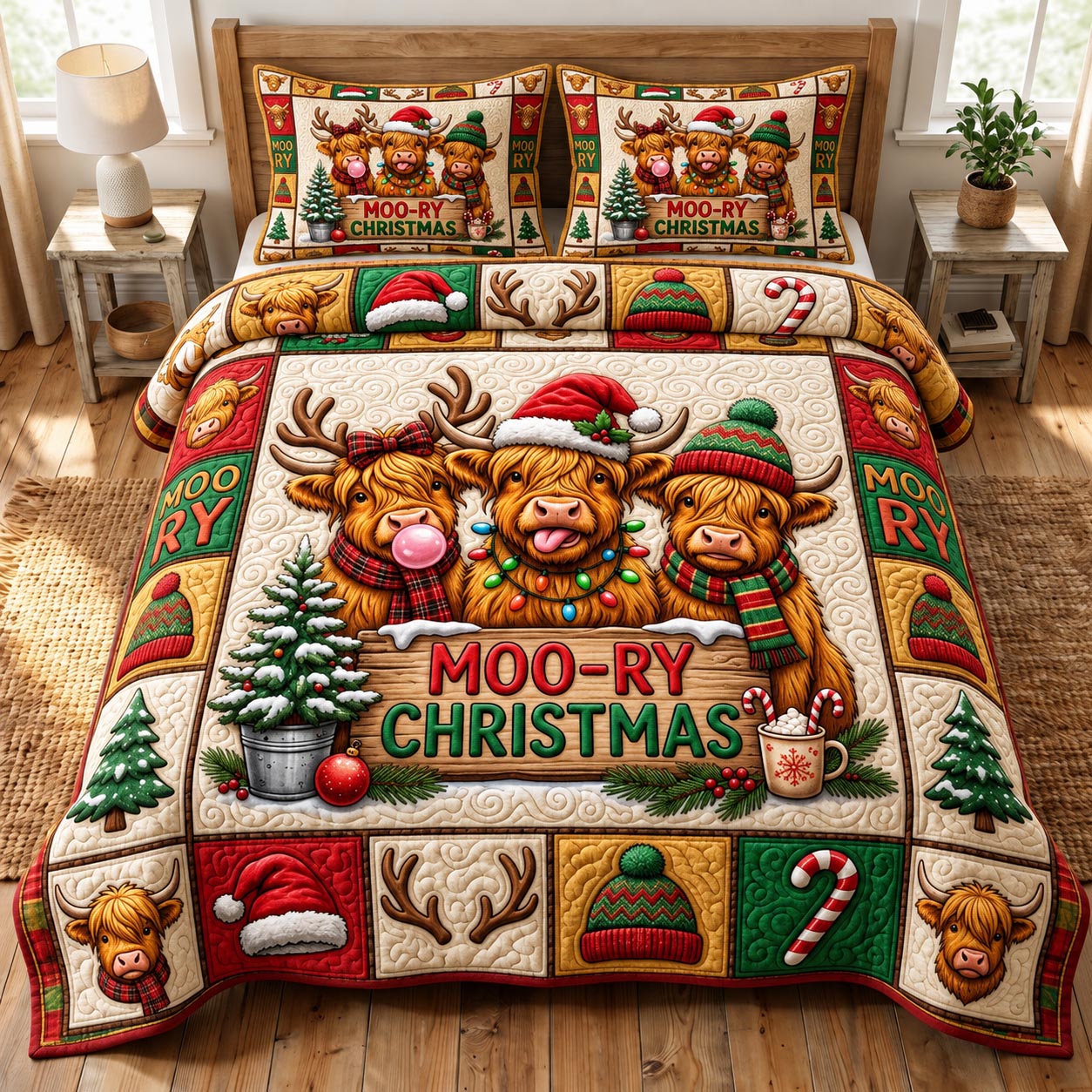 Christmas Highland Cow 3-Piece Quilted Bedding Set GFTONMU2102