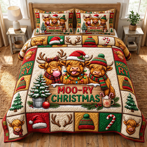 Christmas Highland Cow 3-Piece Quilted Bedding Set GFTONMU2102