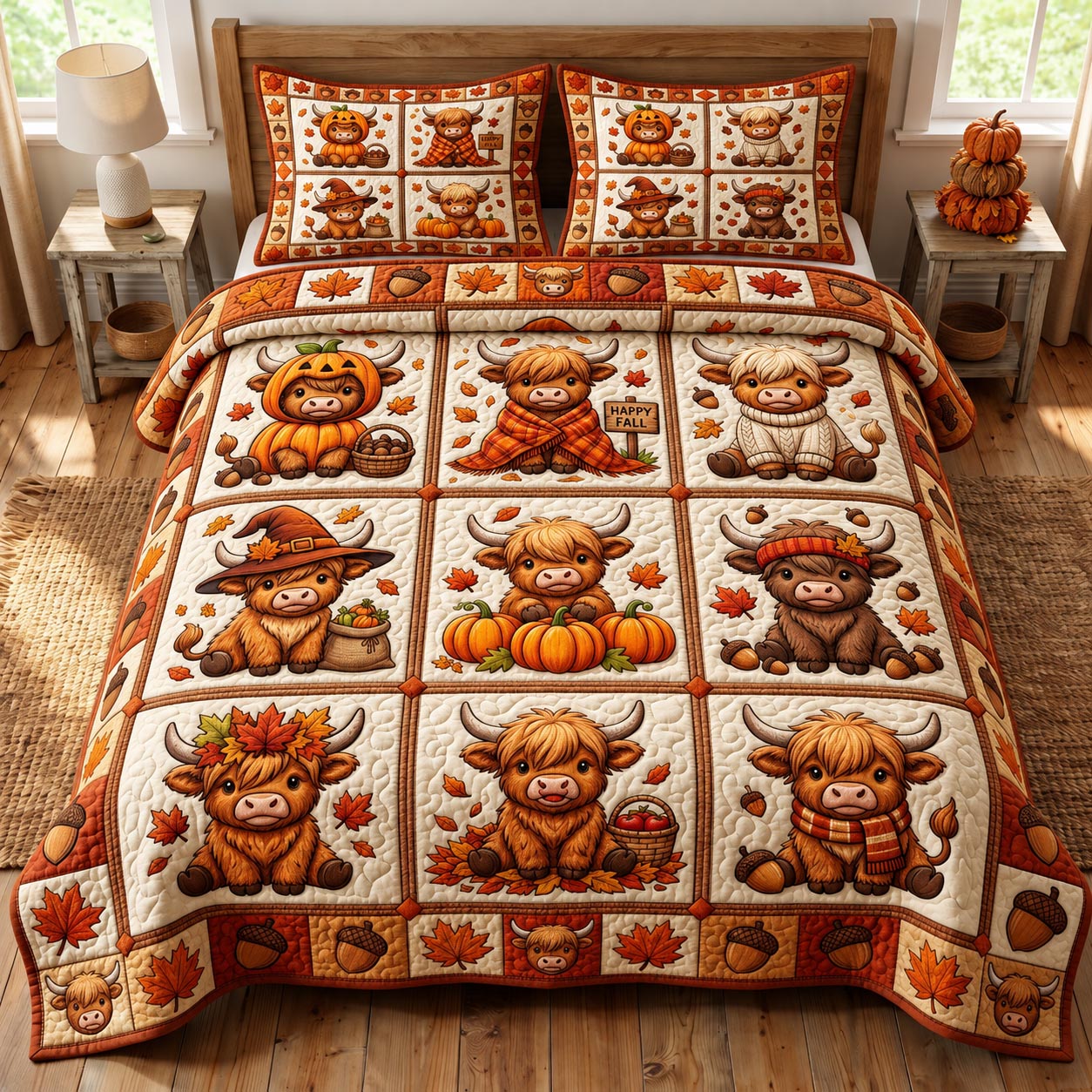 Fall Highland Cow 3-Piece Quilted Bedding Set GFTONMU2110