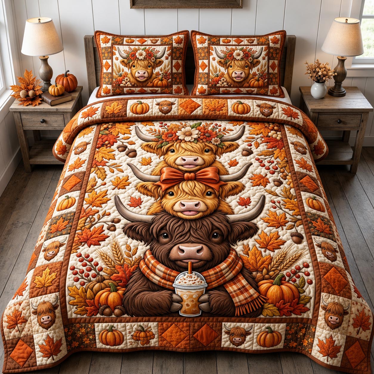 Fall Highland Cow 3-Piece Quilted Bedding Set GFTONMU2111