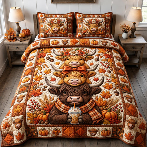 Fall Highland Cow 3-Piece Quilted Bedding Set GFTONMU2111