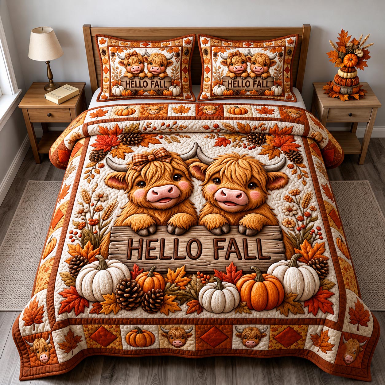 Fall Highland Cow 3-Piece Quilted Bedding Set GFTONMU2112