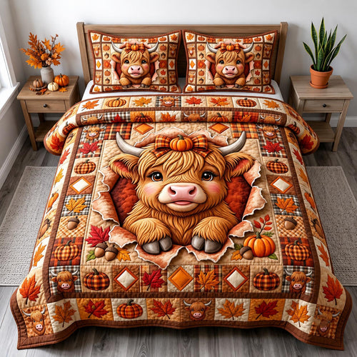 Fall Highland Cow 3-Piece Quilted Bedding Set GFTONMU2113