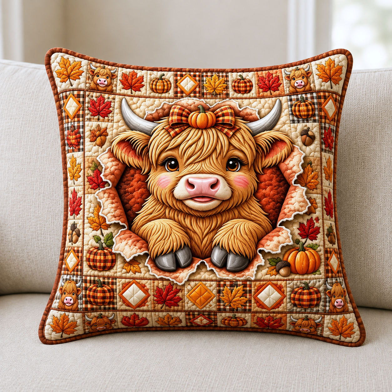Fall Highland Cow Quilted Pillow Case GFTONMU2113 C2