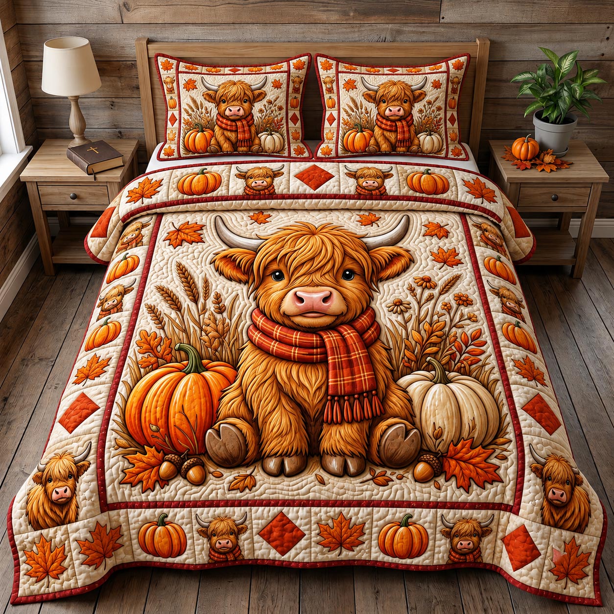Fall Highland Cow 3-Piece Quilted Bedding Set GFTONMU2114