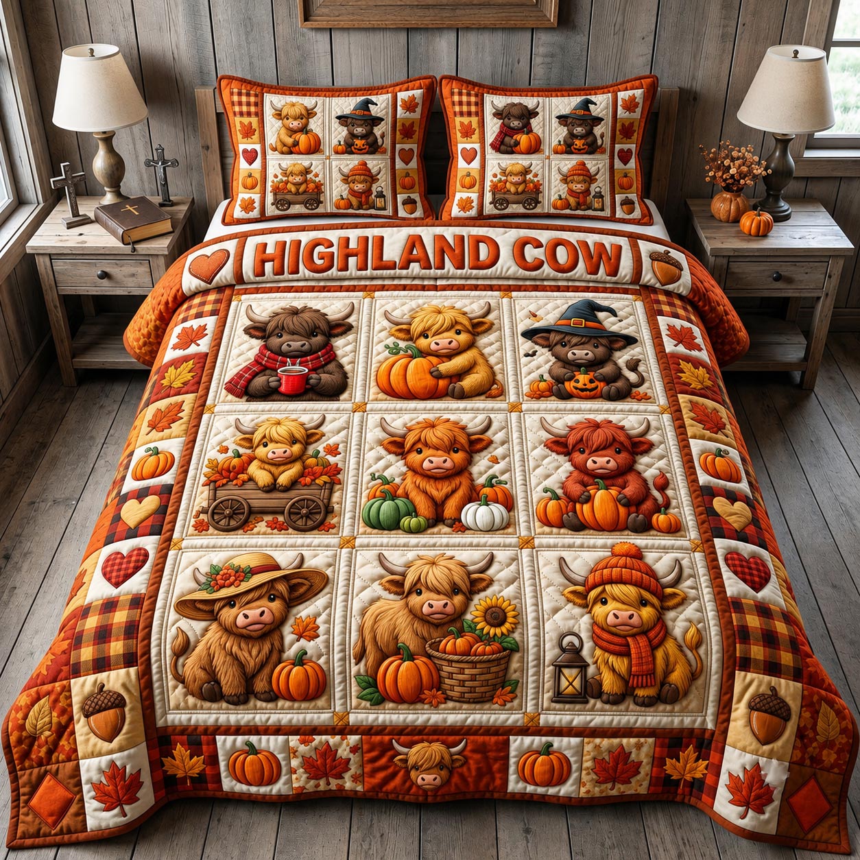 Fall Highland Cow 3-Piece Quilted Bedding Set GFTONMU2115