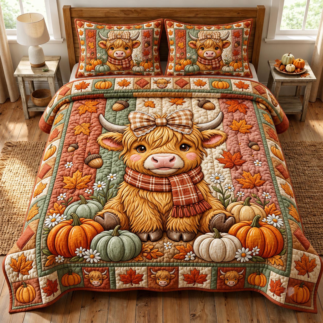 Fall Highland Cow 3-Piece Quilted Bedding Set GFTONMU2116