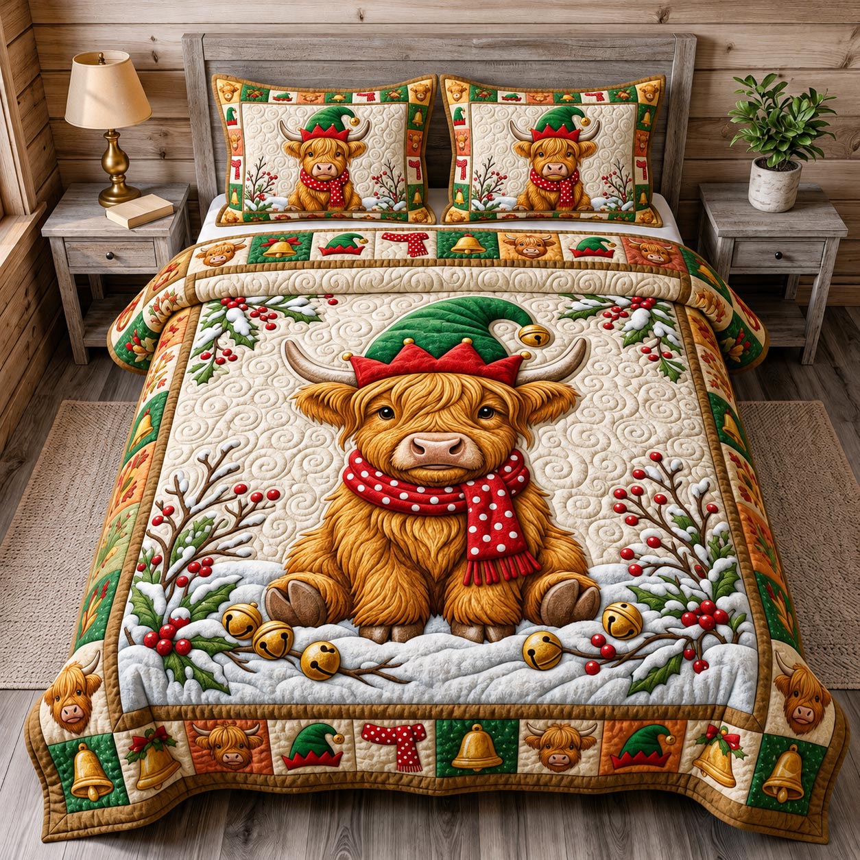 Christmas Highland Cow 3-Piece Quilted Bedding Set GFTONMU2119