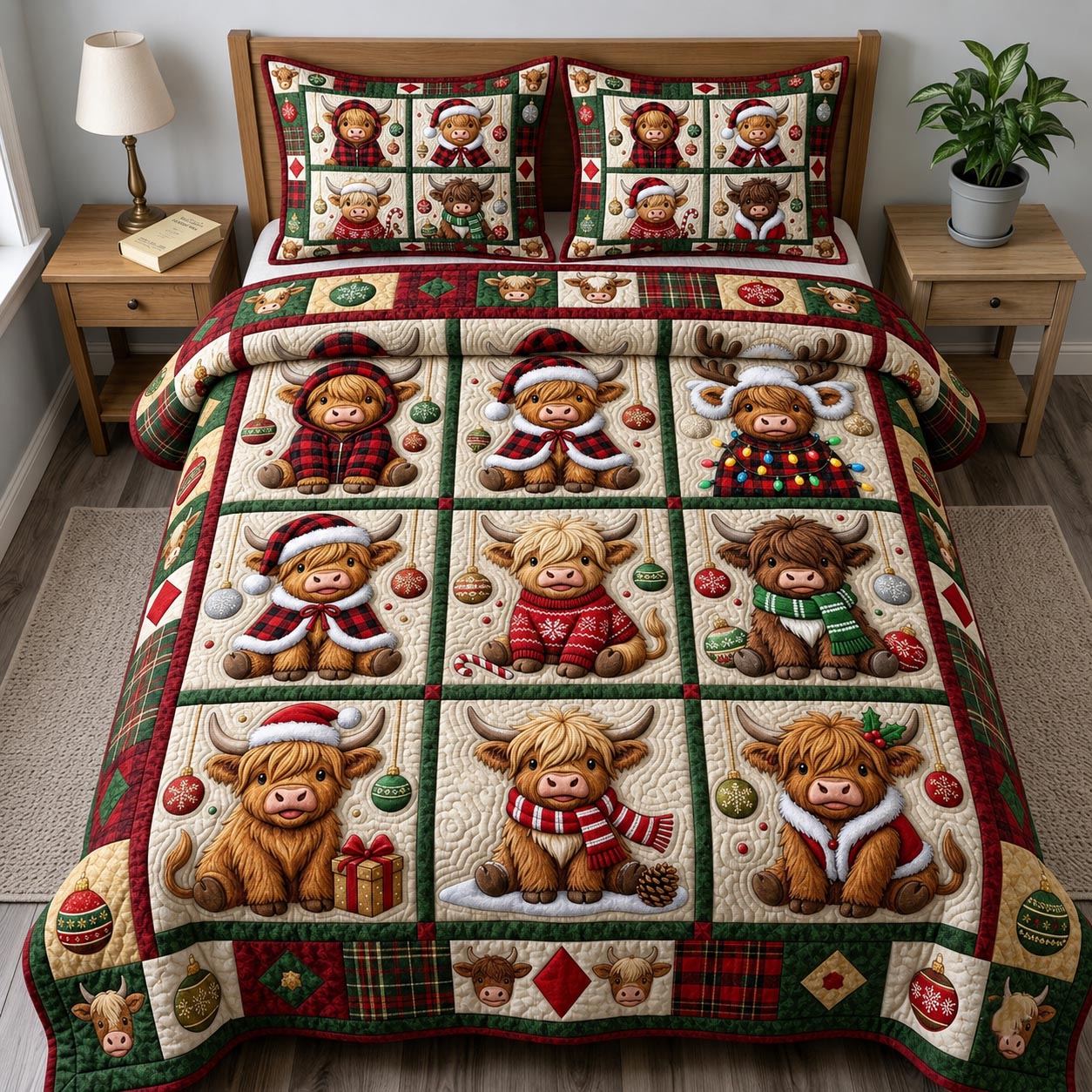 Christmas Highland Cow 3-Piece Quilted Bedding Set GFTONMU2120