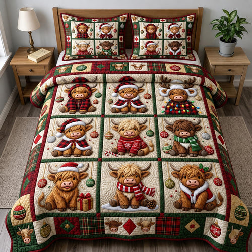 Christmas Highland Cow 3-Piece Quilted Bedding Set GFTONMU2120
