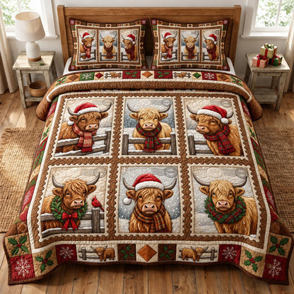 Christmas Highland Cow 3-Piece Quilted Bedding Set GFTONMU2121