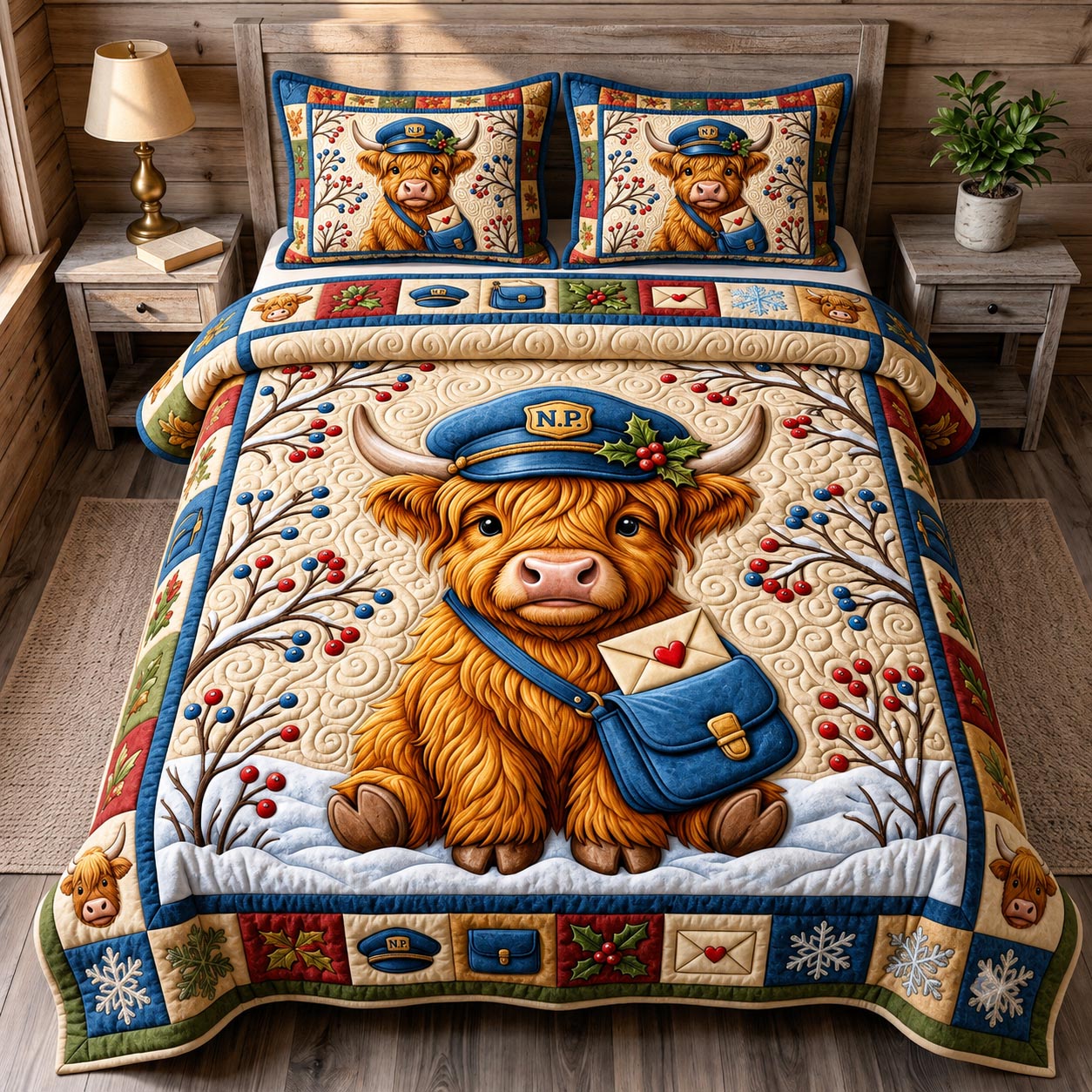Christmas Highland Cow 3-Piece Quilted Bedding Set GFTONMU2122