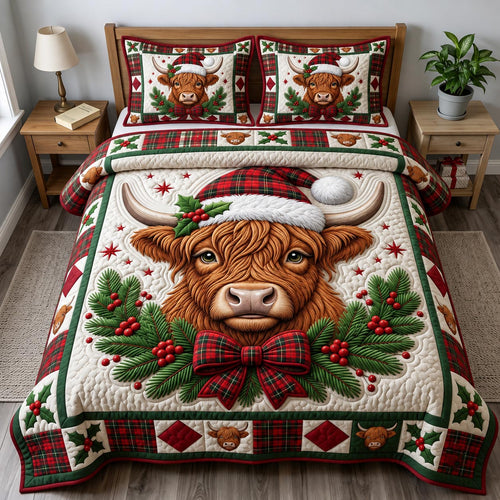 Christmas Highland Cow 3-Piece Quilted Bedding Set GFTONMU2123