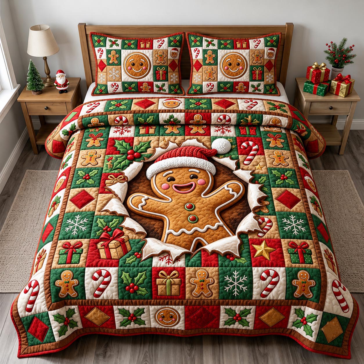 Gingerbread Man 3-Piece Quilted Bedding Set GFTONMU2164