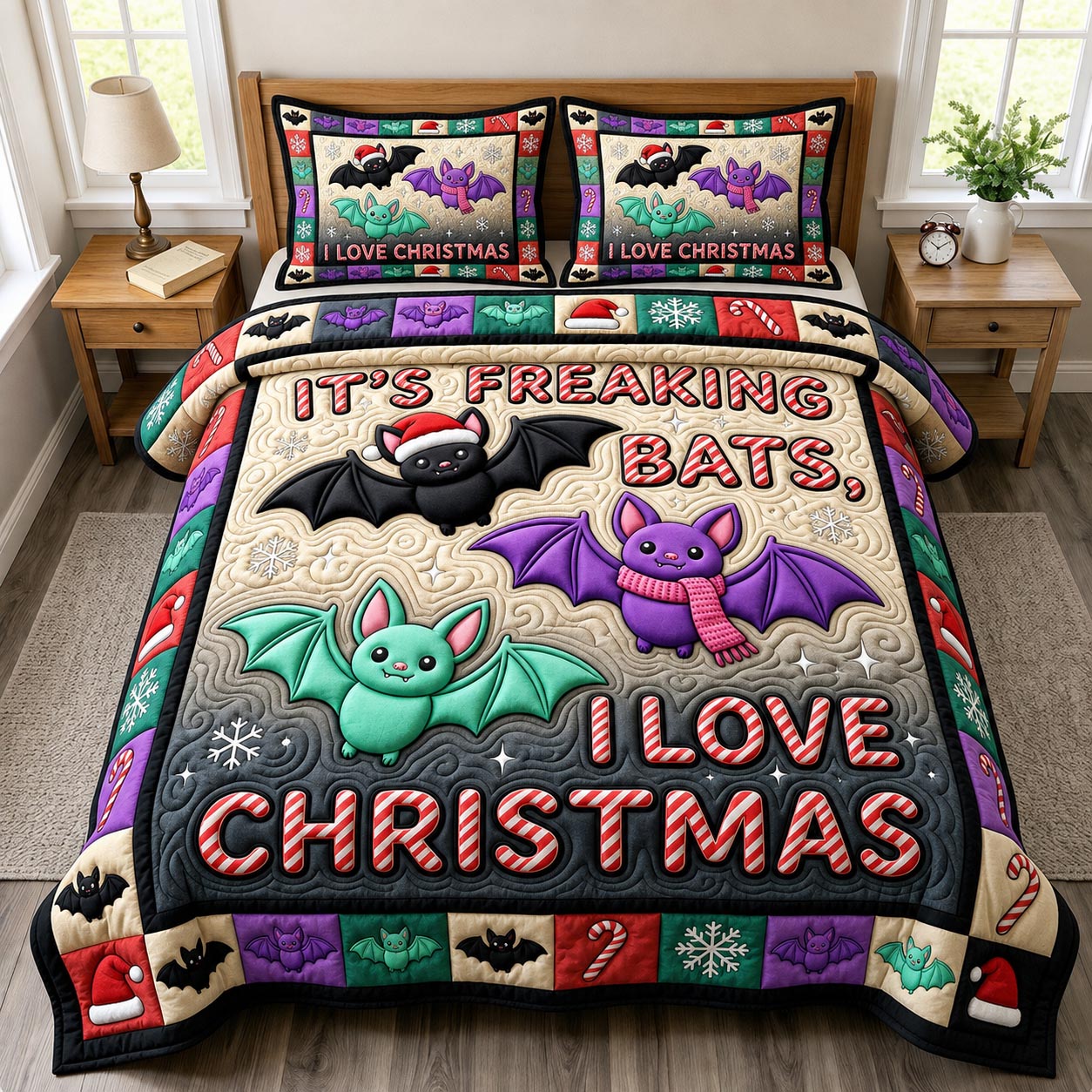 Christmas Bat 3-Piece Quilted Bedding Set GFTONMU2202