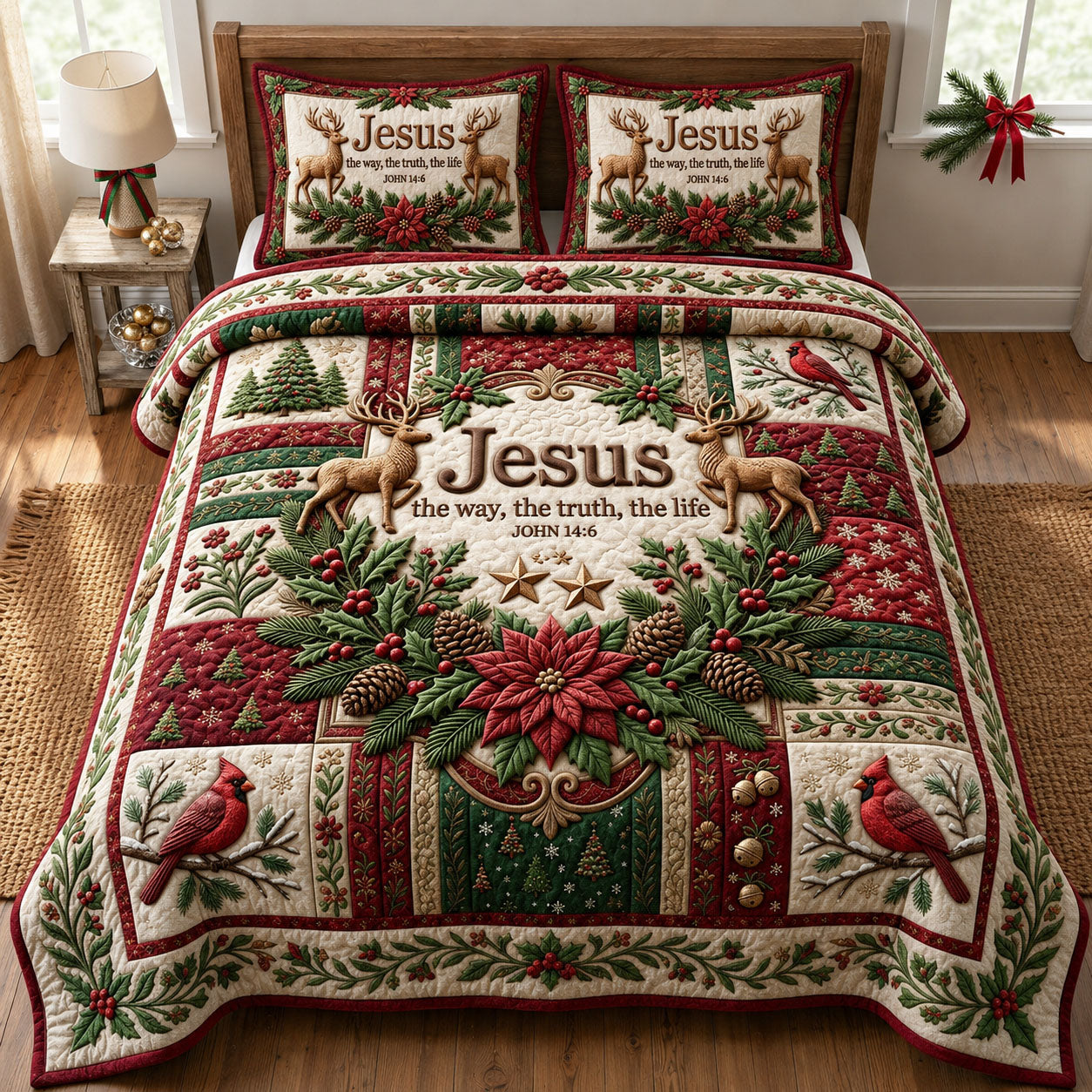 Christmas Floral Bible 3-Piece Quilted Bedding Set GFTONMU2360