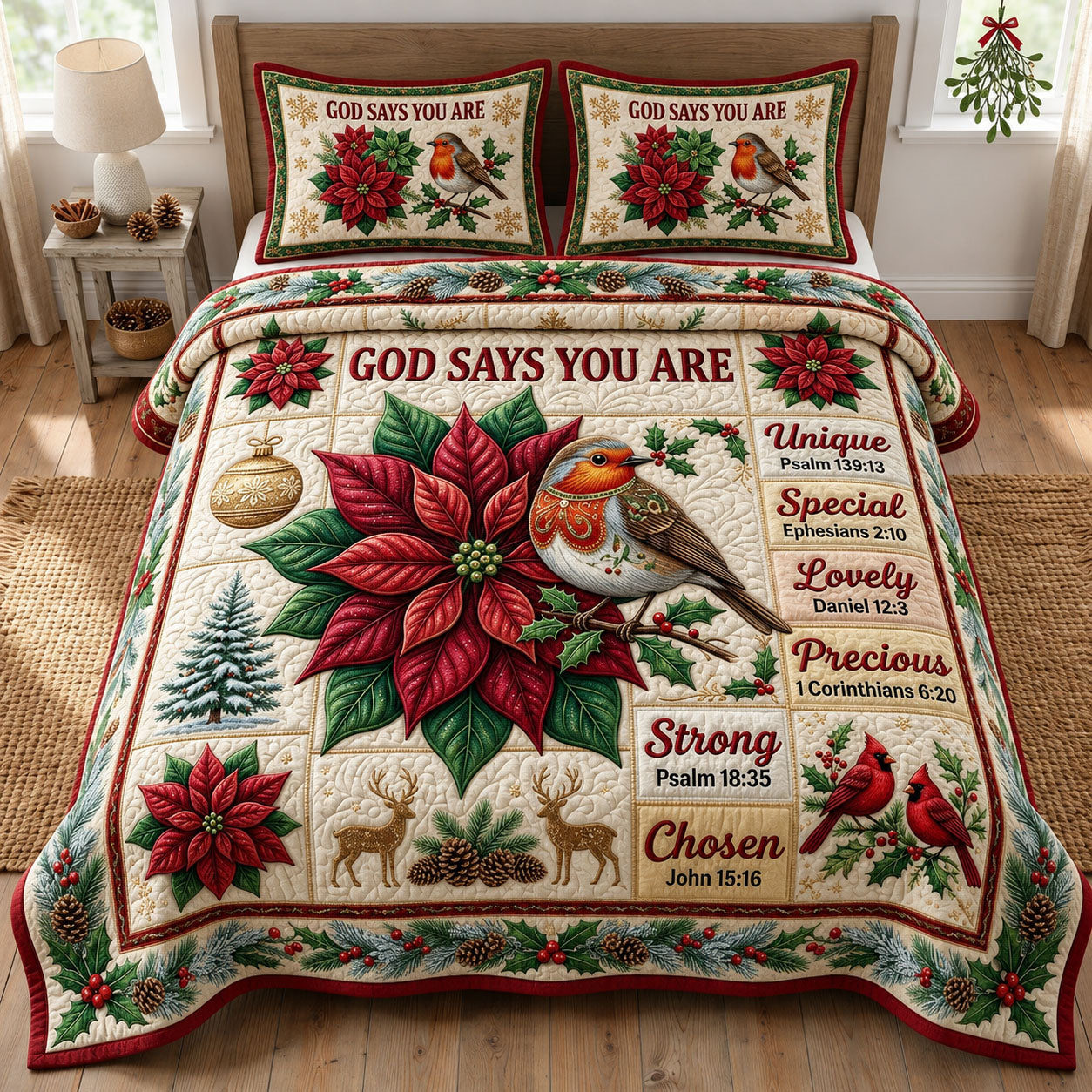 Christmas Floral Bible 3-Piece Quilted Bedding Set GFTONMU2361