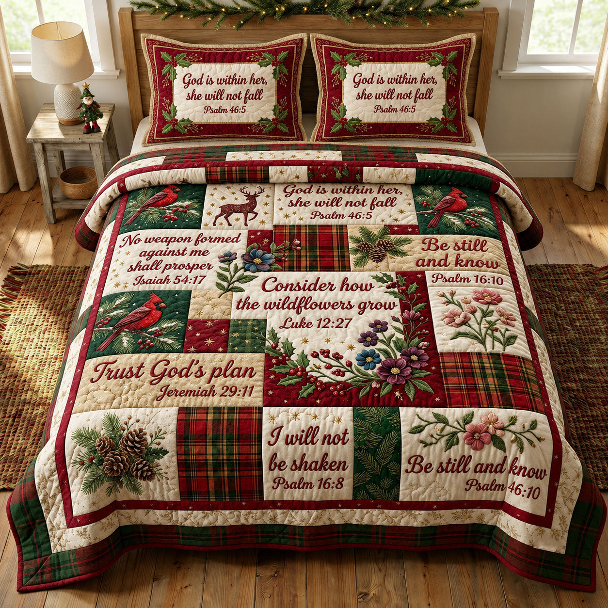 Christmas Floral Bible 3-Piece Quilted Bedding Set GFTONMU2363