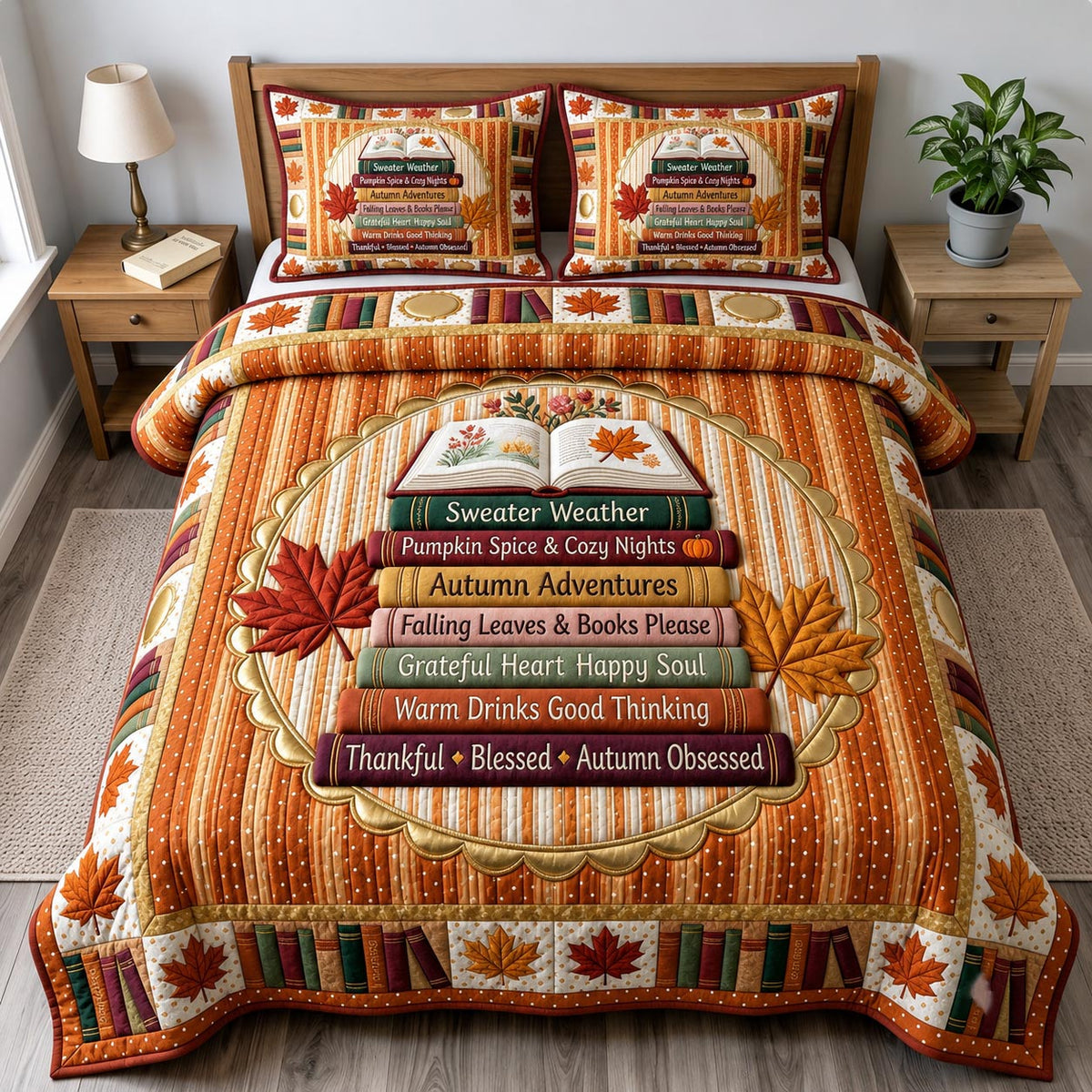 Fall Book Lover 3-Piece Quilted Bedding Set GFTONMU2465