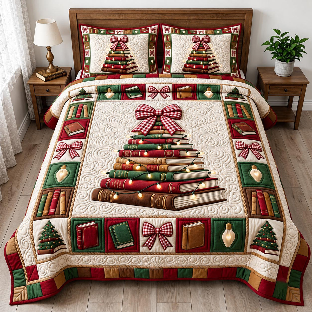 Christmas Book Lover 3-Piece Quilted Bedding Set GFTONMU2473