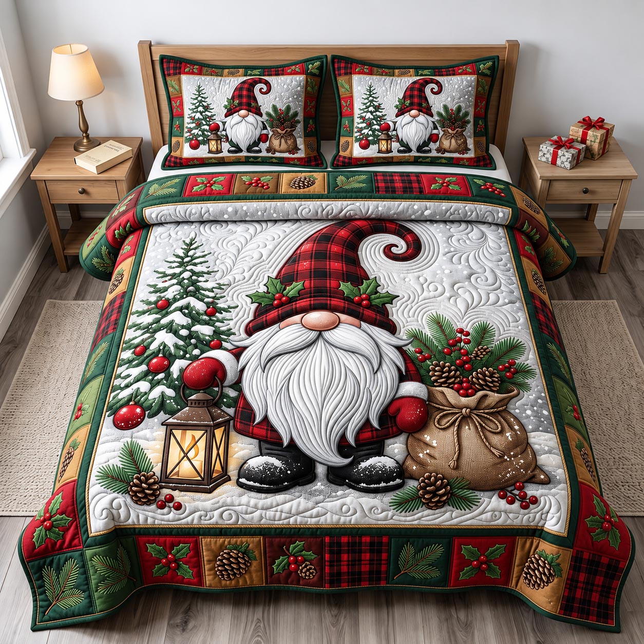 Christmas Gnome 3-Piece Quilted Bedding Set GFTONMU2617