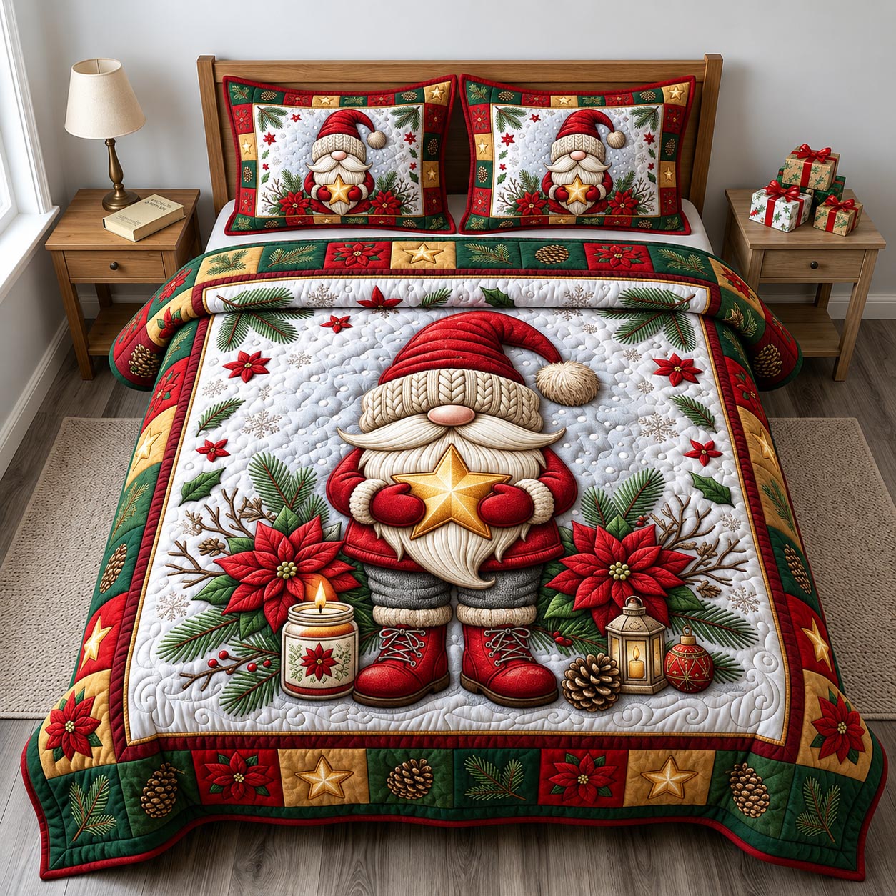 Christmas Gnome 3-Piece Quilted Bedding Set GFTONMU2618