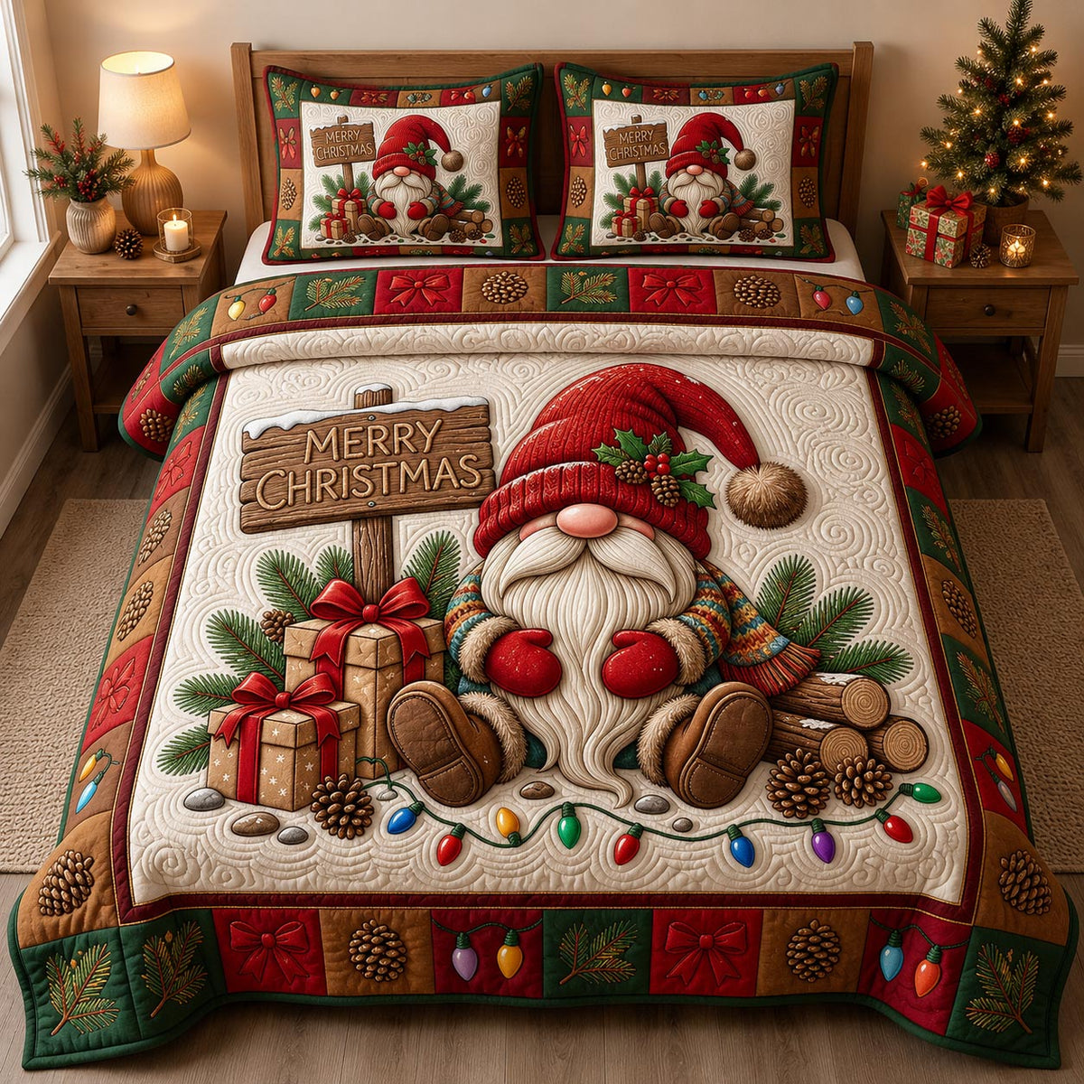 Christmas Gnome 3-Piece Quilted Bedding Set GFTONMU2622