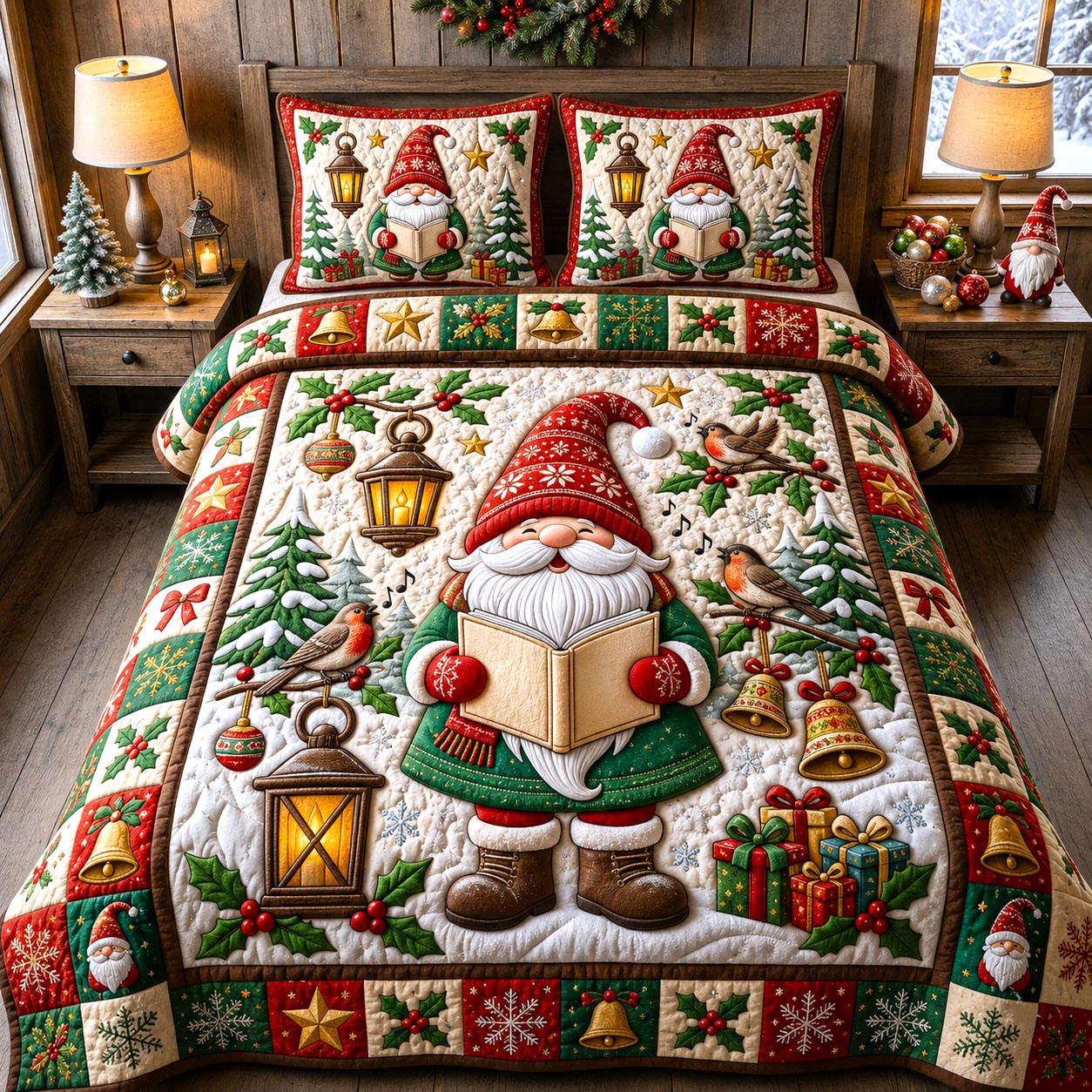 Christmas Gnome 3-Piece Quilted Bedding Set GFTONMU2634