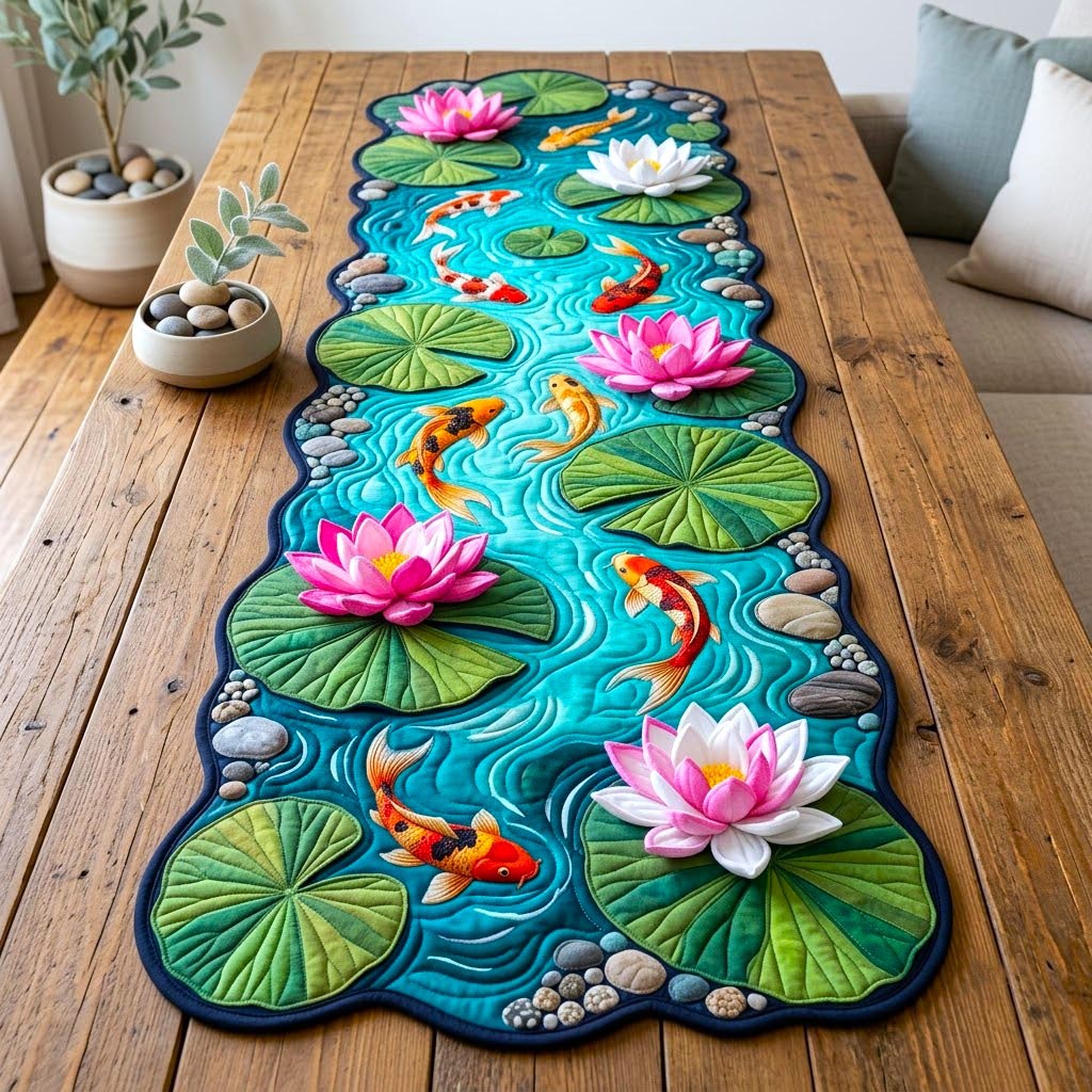 Koi Fish Pond Custom Shape Quilted Table Runner GFTONMU2730