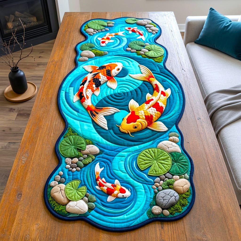 Koi Fish Pond Custom Shape Quilted Table Runner GFTONMU2733