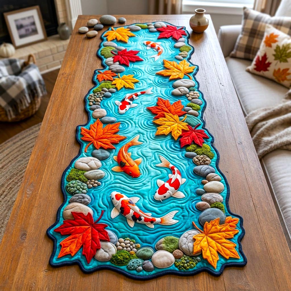 Koi Fish Pond Custom Shape Quilted Table Runner GFTONMU2734