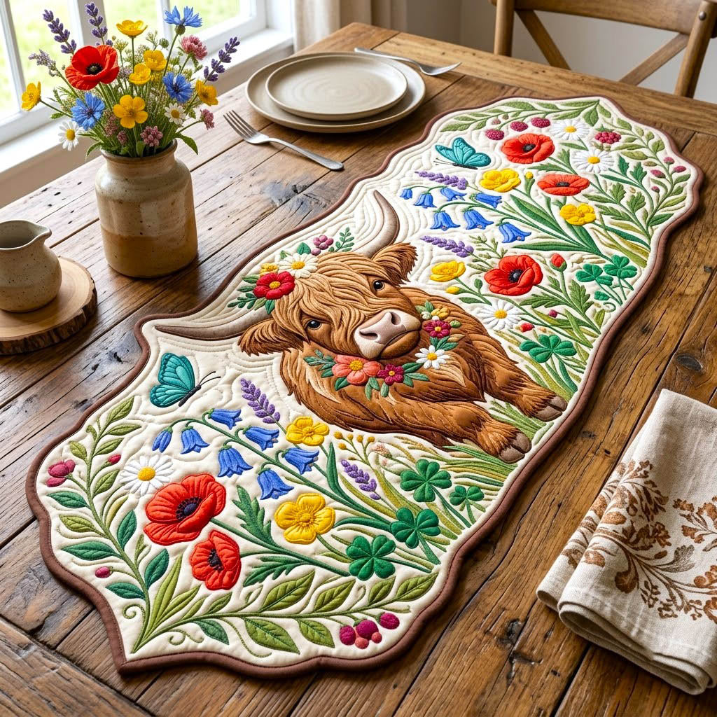 Highland Cow Custom Shape Quilted Table Runner GFTONMU2803