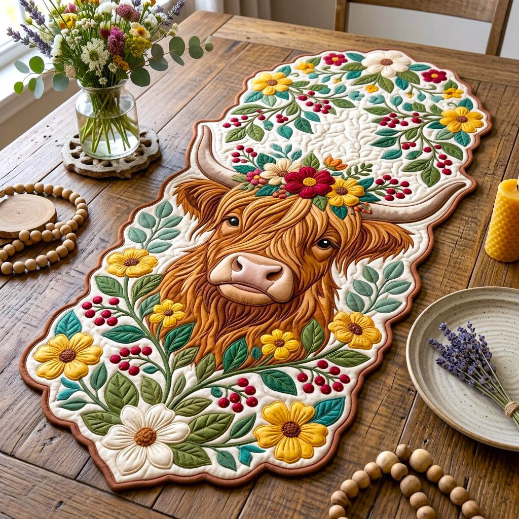 Highland Cow Custom Shape Quilted Table Runner GFTONMU2809