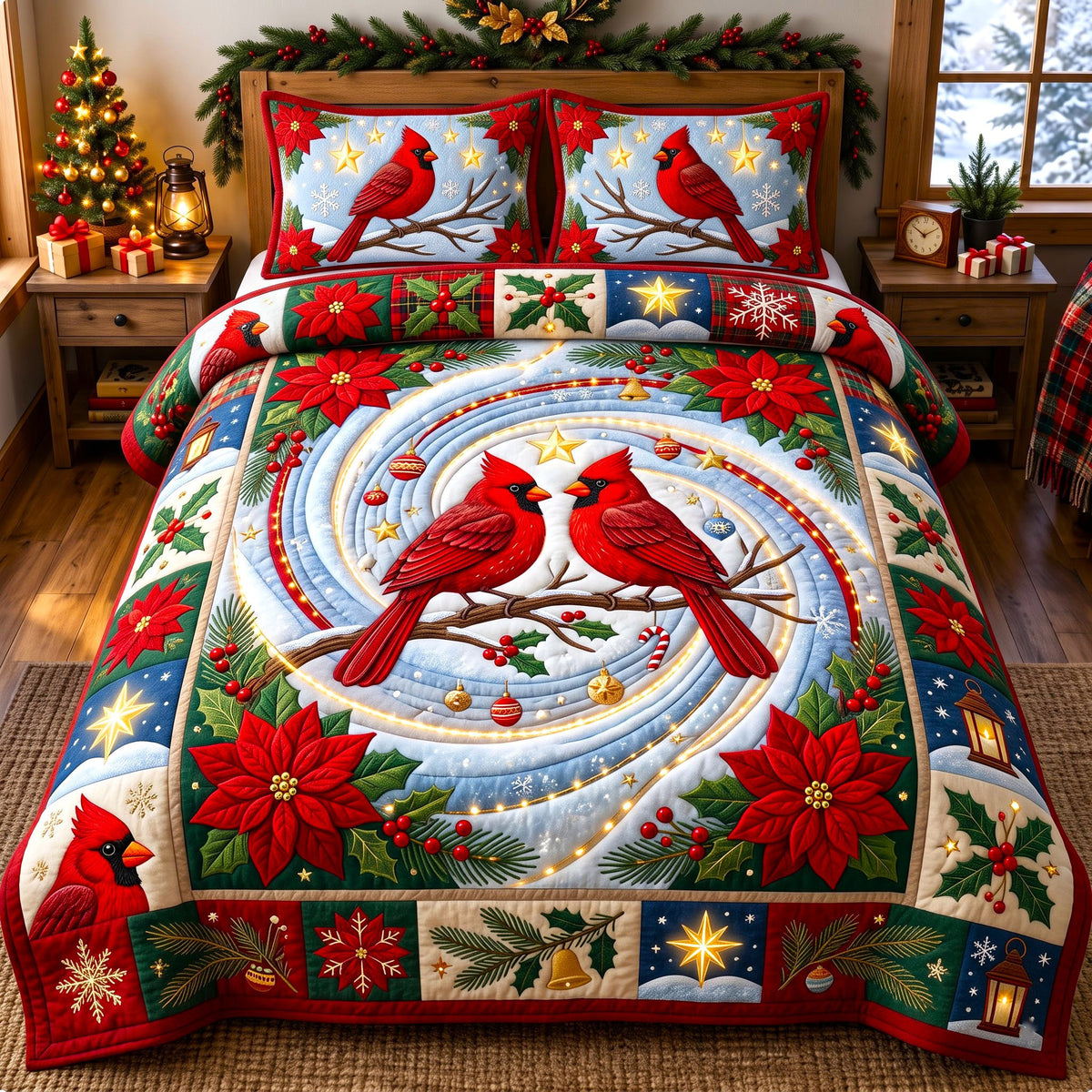 Red Cardinal 3-Piece Quilted Bedding Set GFTONMU3015