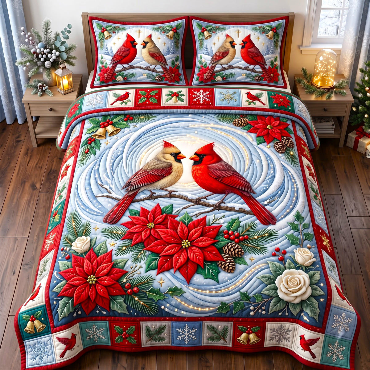 Red Cardinal 3-Piece Quilted Bedding Set GFTONMU3019