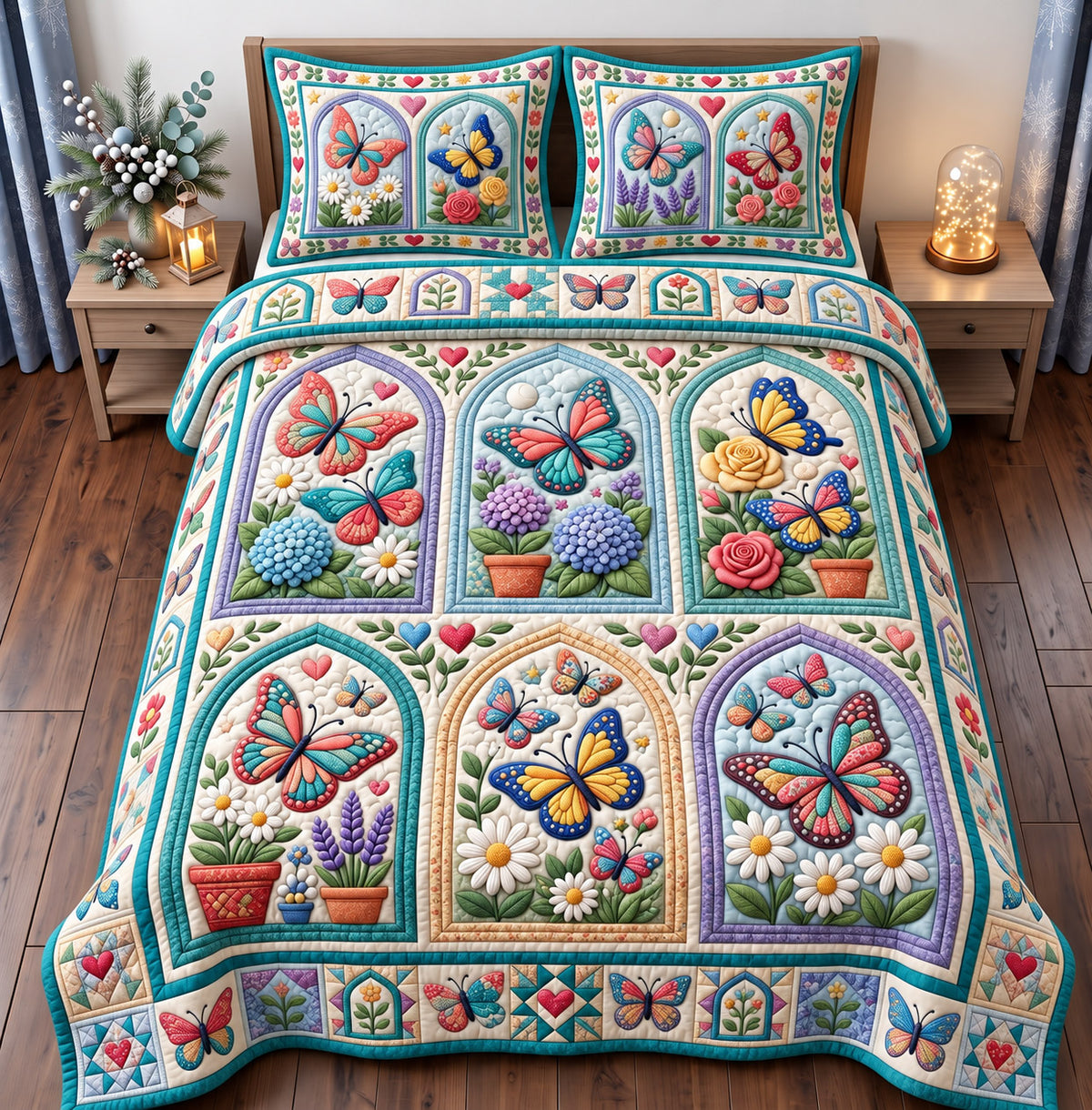 Butterfly Patchwork 3-Piece Quilted Bedding Set GFTONMU3200