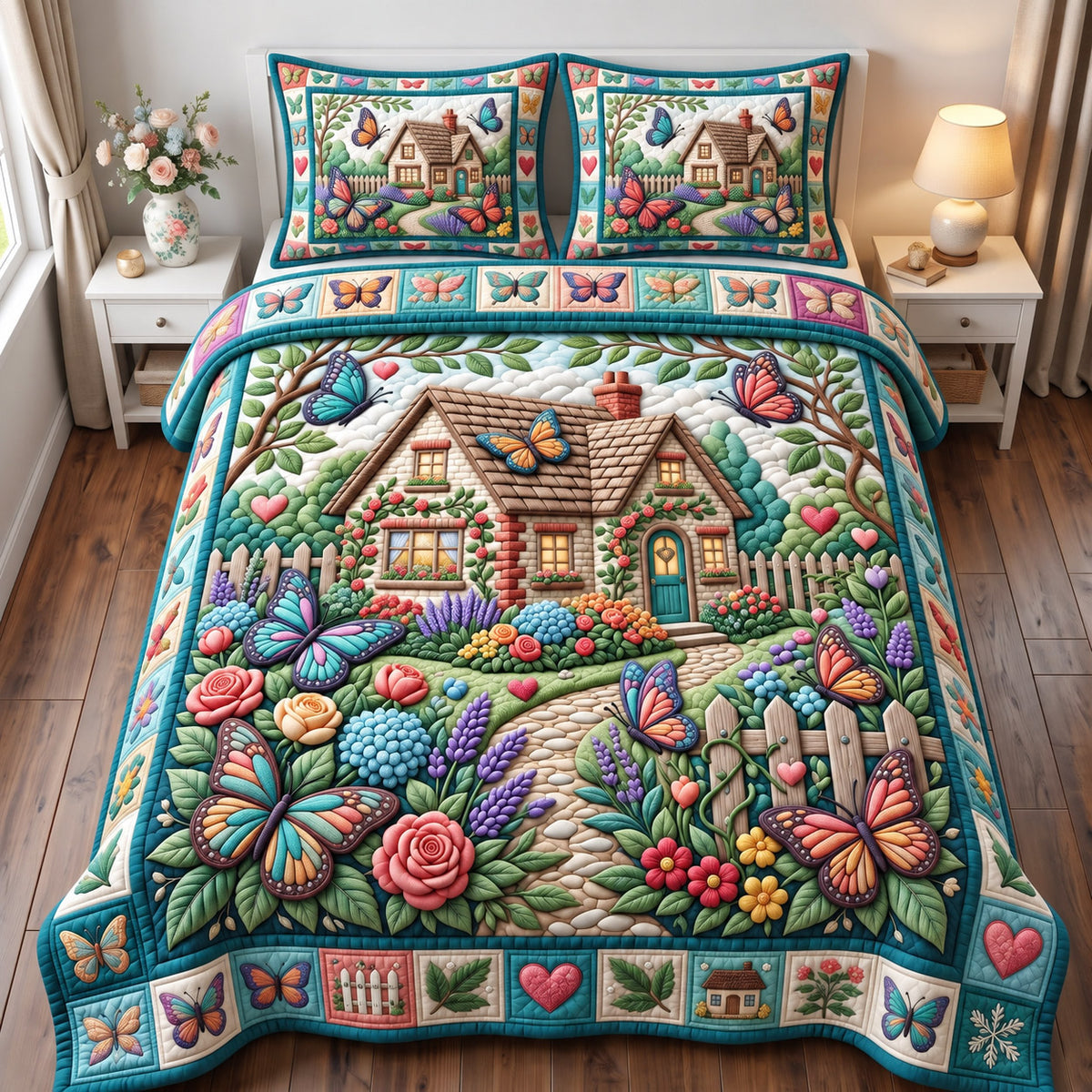 Butterfly Patchwork 3-Piece Quilted Bedding Set GFTONMU3201