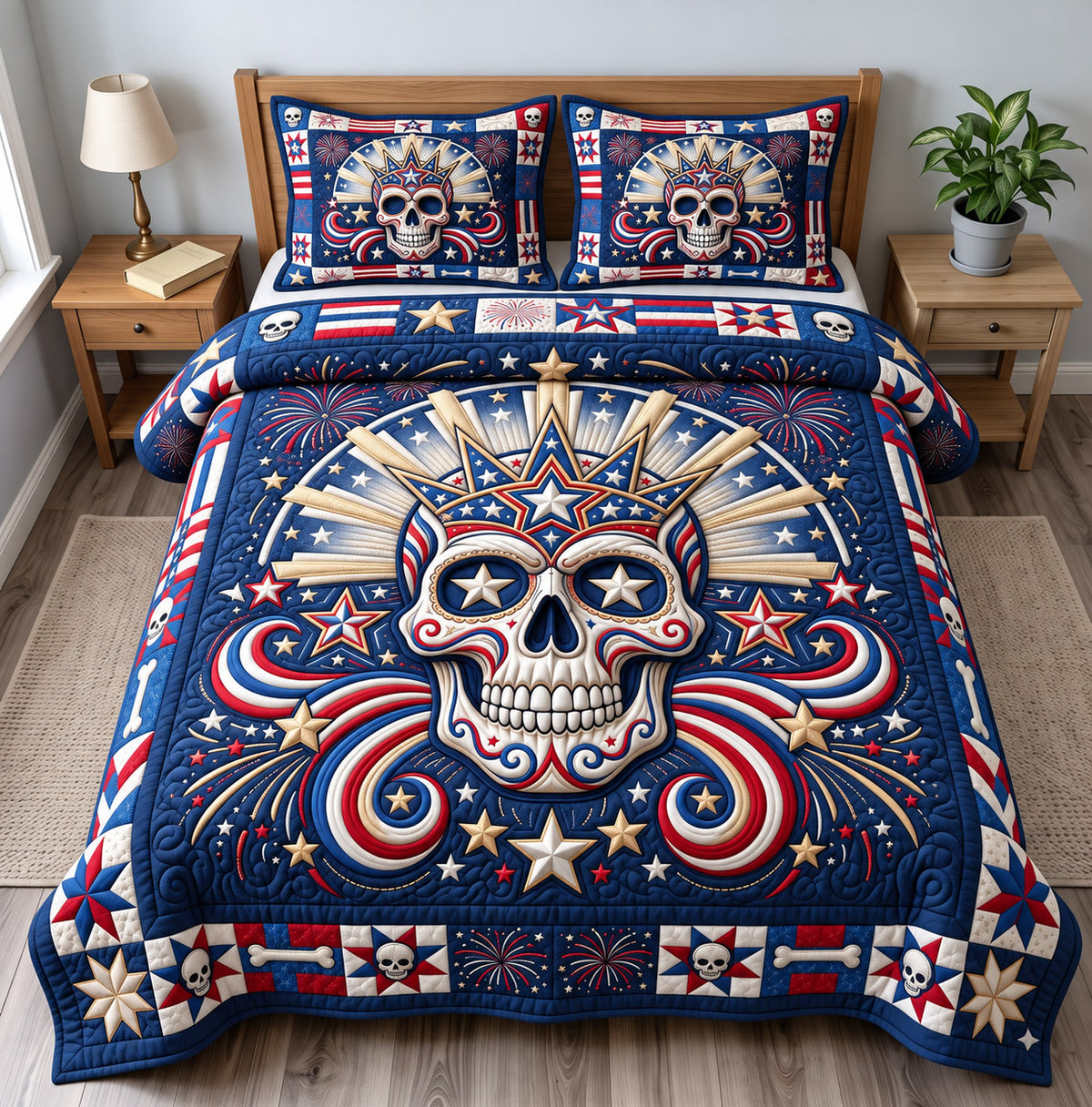 Patriotic Skull 3-Piece Quilted Bedding Set GFTONMU3274