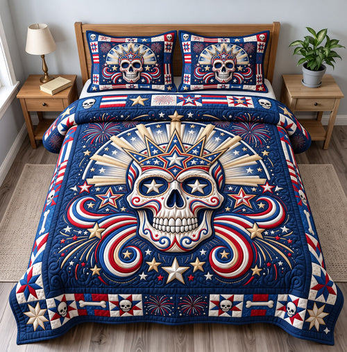 Patriotic Skull 3-Piece Quilted Bedding Set GFTONMU3274