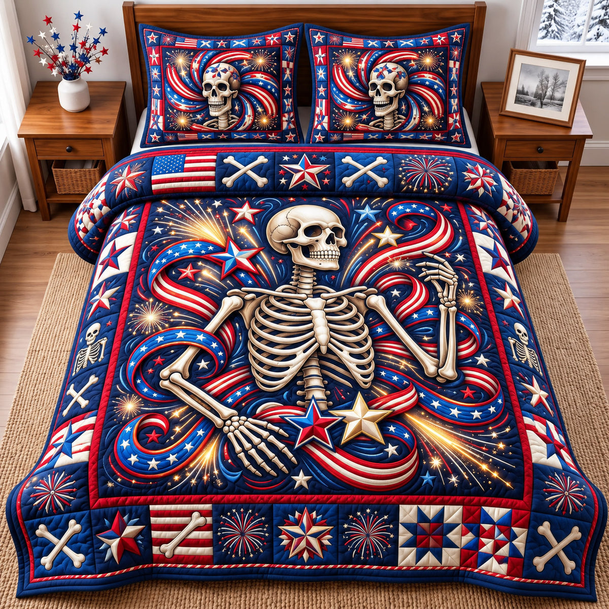 Patriotic Skull 3-Piece Quilted Bedding Set GFTONMU3278