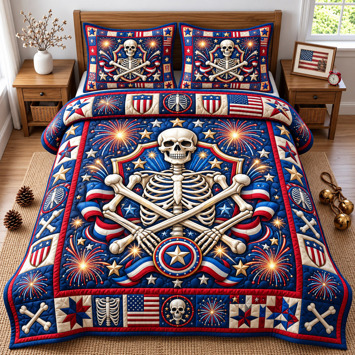 Patriotic Skull 3-Piece Quilted Bedding Set GFTONMU3283