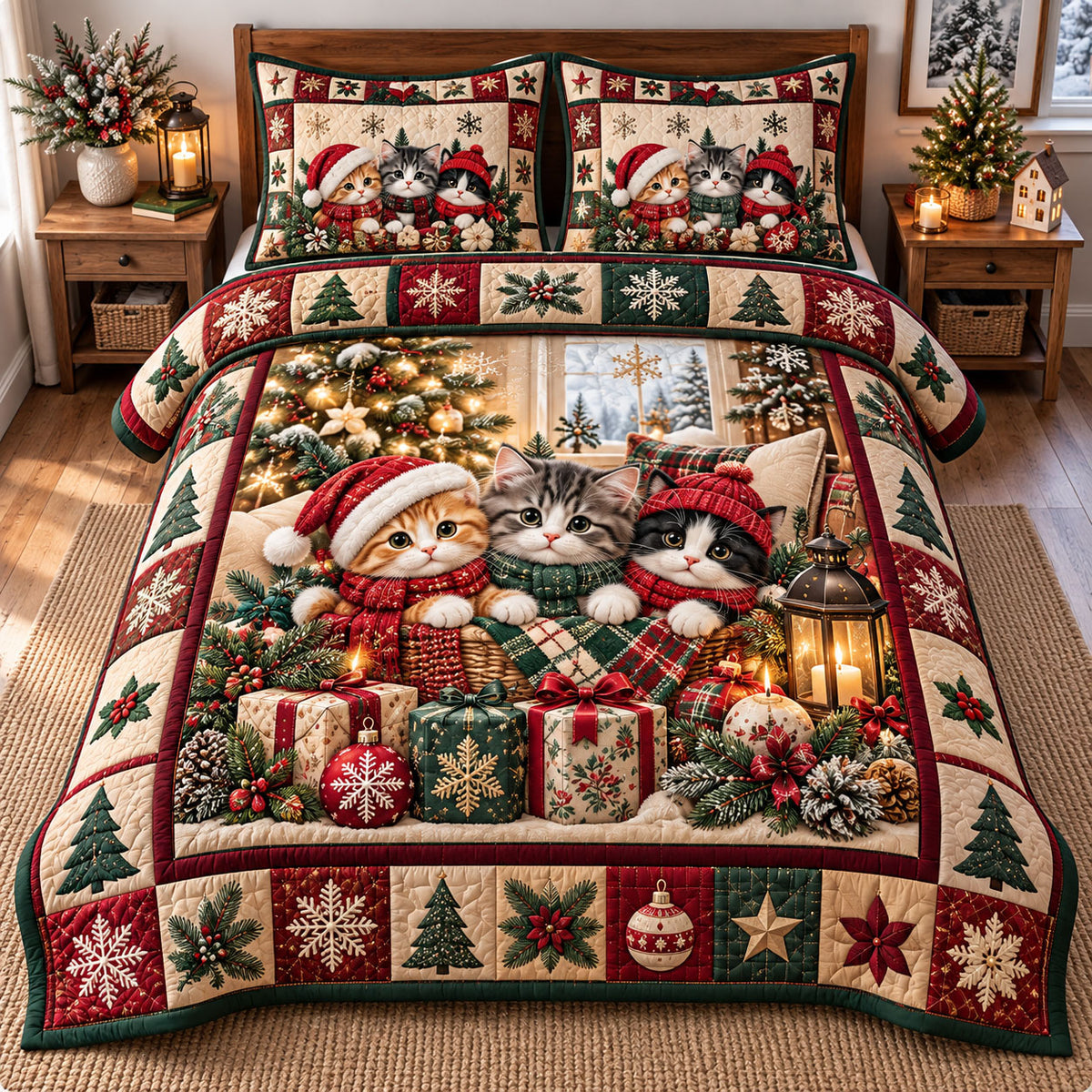 Christmas Cat 3-Piece Quilted Bedding Set GFTONMU3308