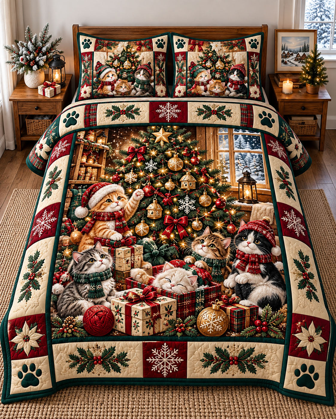 Christmas Cat 3-Piece Quilted Bedding Set GFTONMU3309
