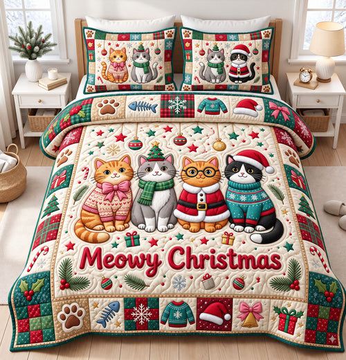 Christmas Cat 3-Piece Quilted Bedding Set GFTONMU3310