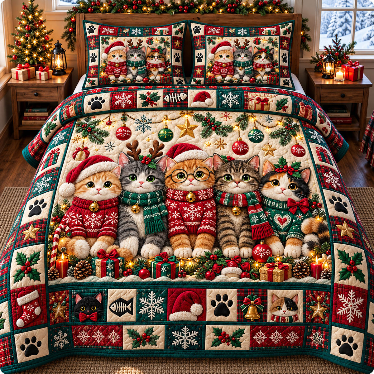 Christmas Cat 3-Piece Quilted Bedding Set GFTONMU3311