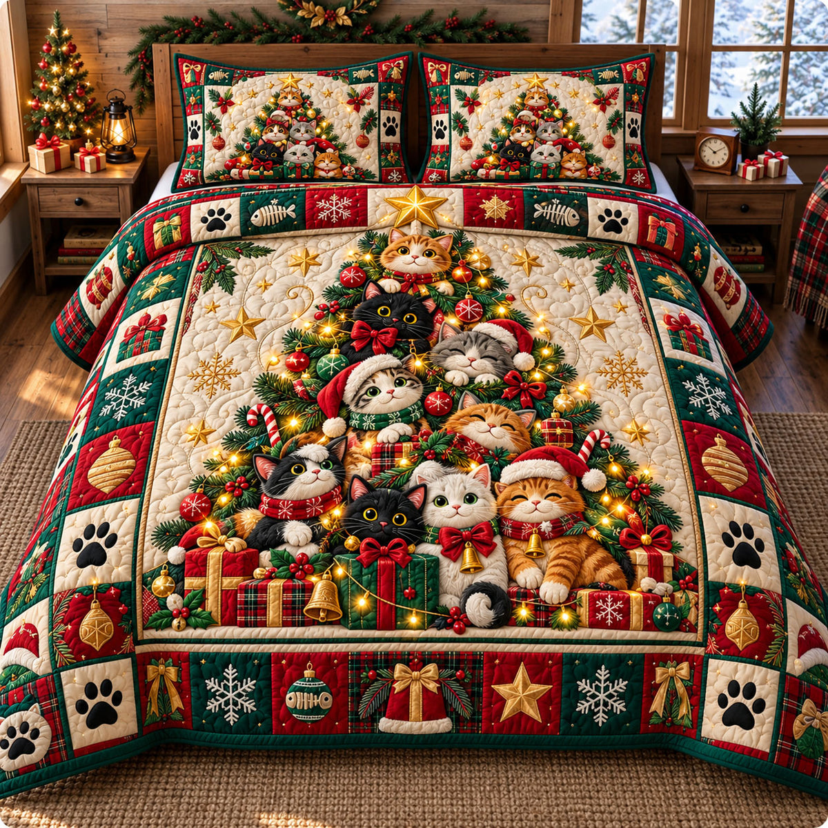 Christmas Cat 3-Piece Quilted Bedding Set GFTONMU3313