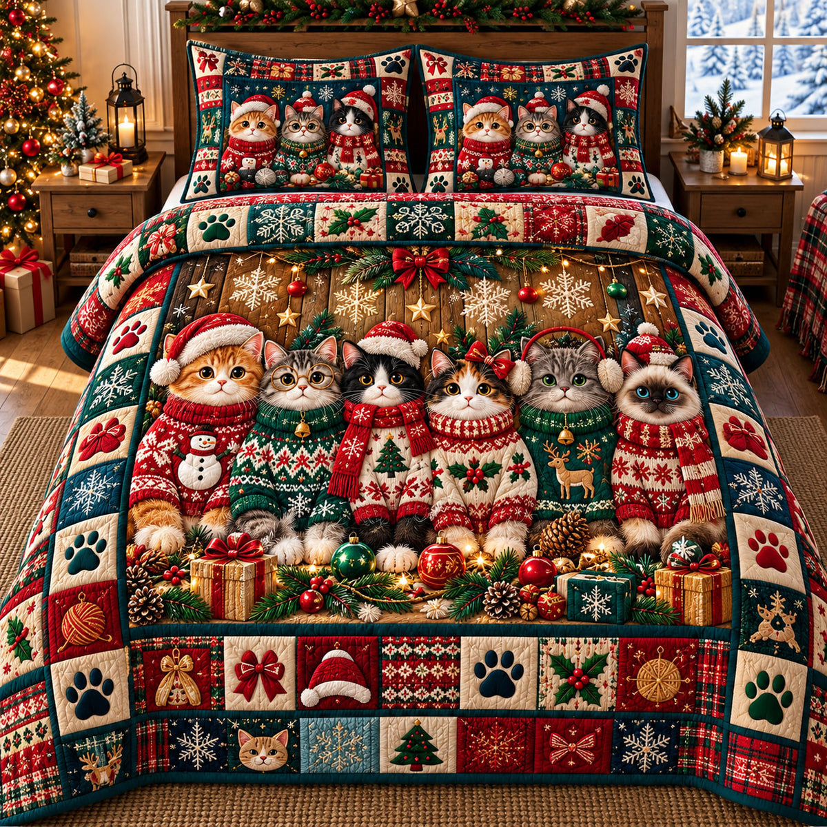 Christmas Cat 3-Piece Quilted Bedding Set GFTONMU3314